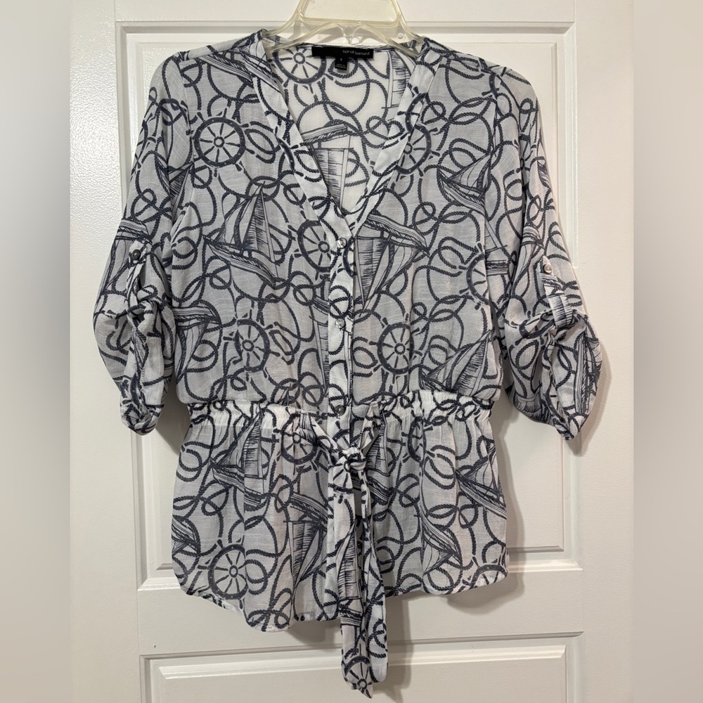 Harve Benard Nautical-Print Tie-Waist Blouse, White with blue-gray design.